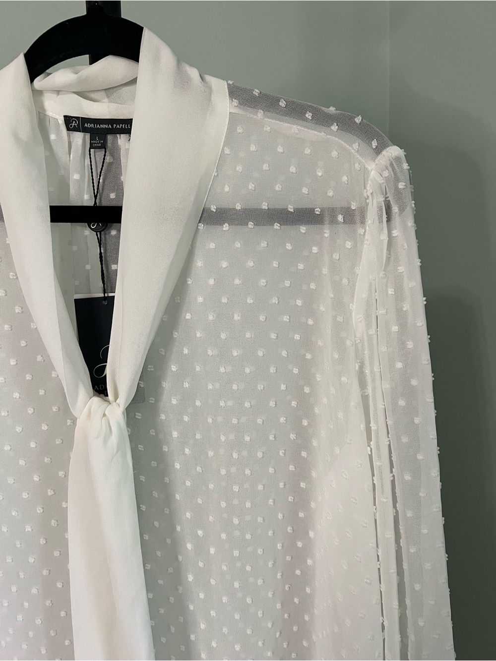 Adrianna Papell Ivory Swiss Dot Tie-Neck Blouse NWT - Picture 3 of 8